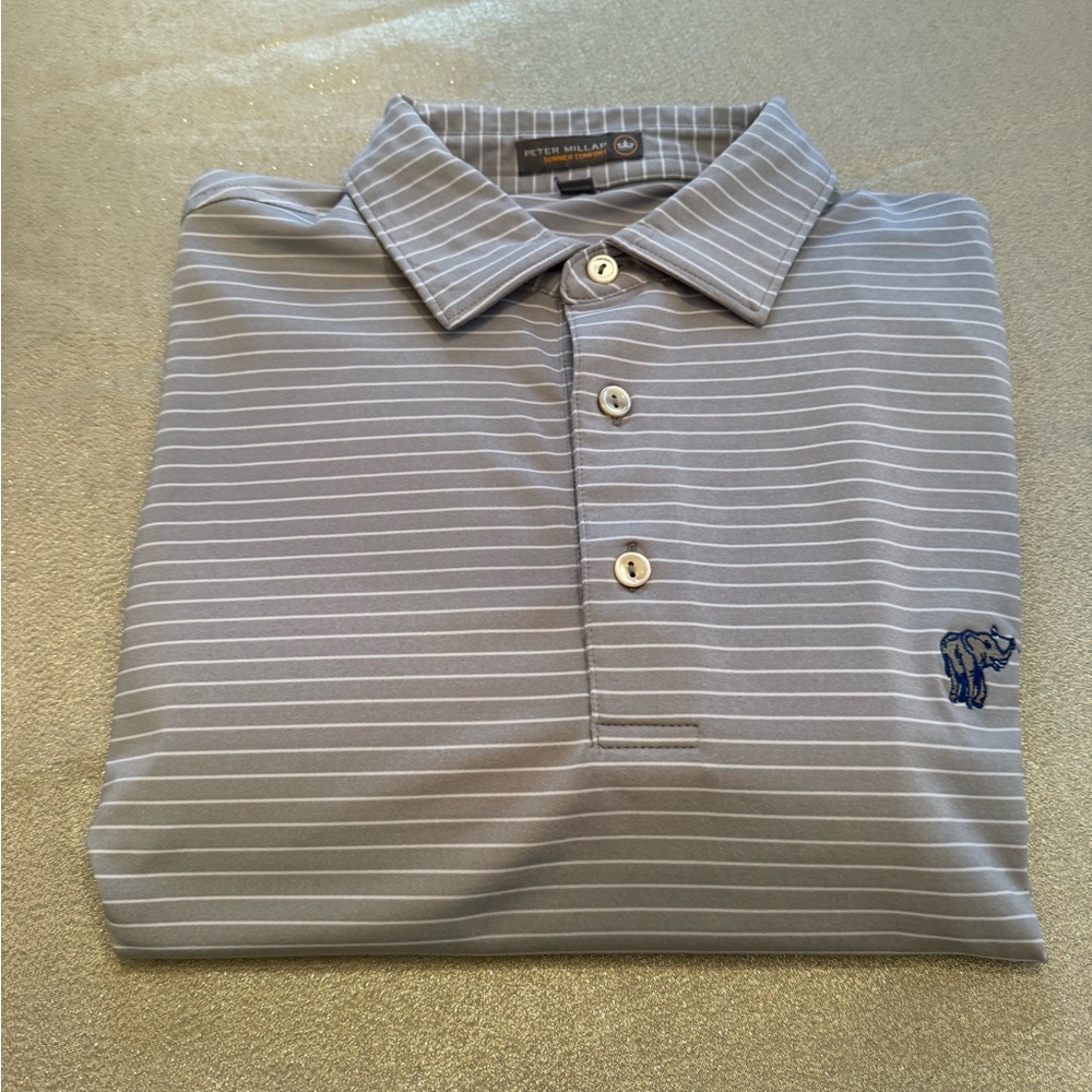 Peter Millar summer comfort golf shirt.  grey w/ white stripes.